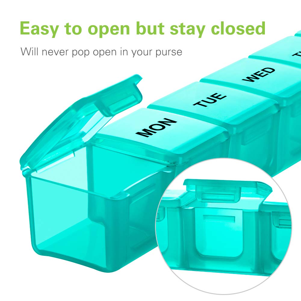 BUG HULL Weekly Pill Organizer Large 2 Packs, Extra Large Travel Pill Organizers, Pill Box 7 Day, Travel Pill Case, Medicine Pill Organizer for Vitamins, Supplements and Medications (Blue+Green)