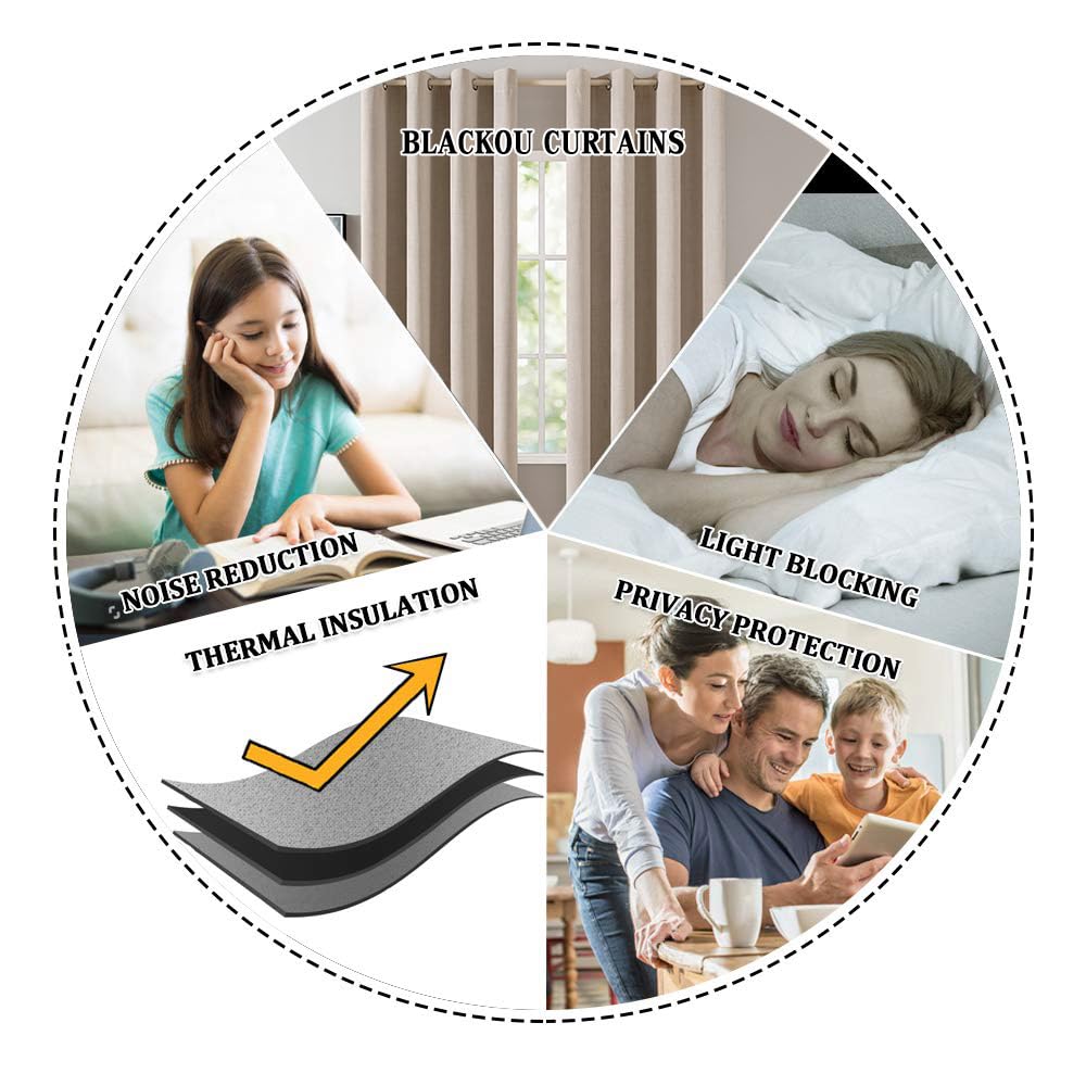 MIULEE 90 Inches Linen Textured Curtains for Bedroom 100% Blackout Thermal Insulated Natural Beige Grommet Room Darkening Curtains & Drapes Luxury Decor for Living Room Nursery 52 x 90 Inch (2 Panels)