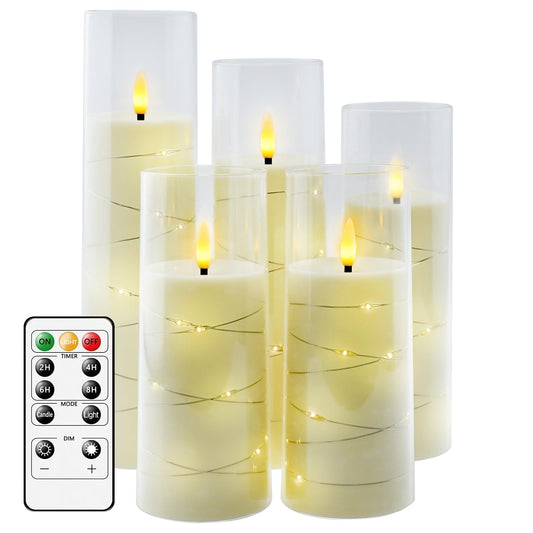 kakoya Flameless LED Candles with Timer 5 Pc Flickering Flameless Candles for Romantic Ambiance and Home Decoration Stable Acrylic Shell,with Embedded Star String，Battery Operated Candles（Ivory）