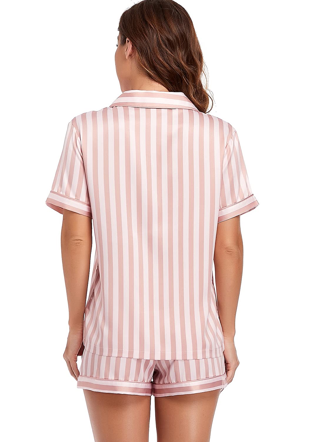 Serenedelicacy Women's Satin Pajama Set 2-Piece Sleepwear Loungewear Button Down Short Sleeve PJ Set (Small, Rose Smoke/Pale Pink, Stripe)