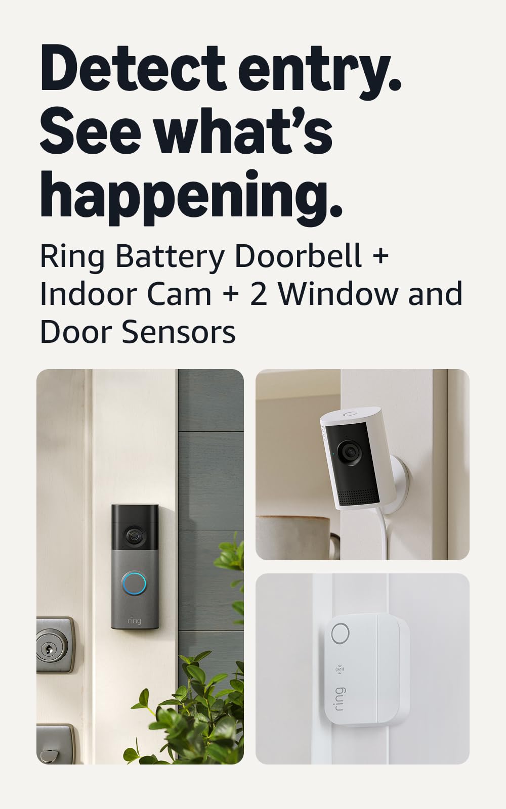 Ring See & Sense Security Pro Kit, Battery Doorbell 2K, Speckled Gray with Indoor Cam 2K, White and smart entry detection for greater visibility