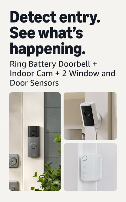 Ring See & Sense Security Pro Kit, Battery Doorbell 2K, Speckled Gray with Indoor Cam 2K, White and smart entry detection for greater visibility