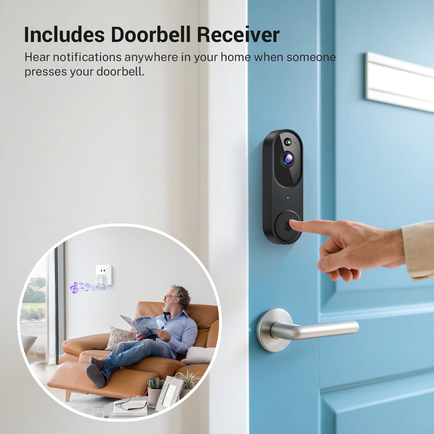 Wireless Wi-Fi Video Doorbell Camera with AI Motion Detection, 2 Way Audio, Night Vision, Cloud Storage, 2.4GHz Wi-Fi Only, Battery Powered