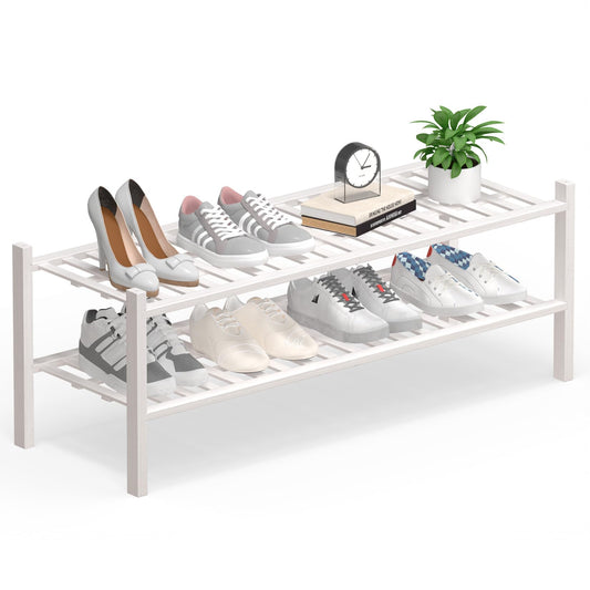 Haddockway Long 2 Tier Bamboo Shoe Rack Storage Organizer, Multifunctional Free Standing Stackable Shoe Shelf with Grid Panel for Closet,Hallway,Entryway,Small Space 34.2"x11"x13"