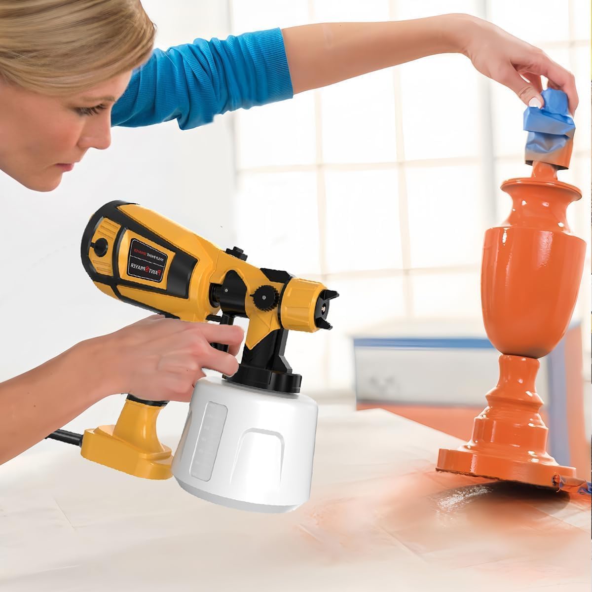 Paint Sprayer 1000W High Power Electric Spray Paint Gun with Adjustable Spray Width Knob,1400ML Container,4 Nozzles & 3 Patterns,Easy to Clean for Furniture Cabinets House Painting Yellow