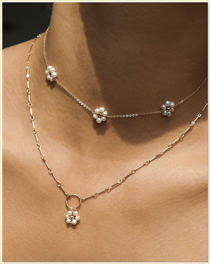 SmileBelle Daisy Pearl Necklace, Dainty Pearl Choker Necklace for Women as Flower Necklace, 14K Gold Plated Stainless Steel Gold Necklaces as Christmas Stocking Stuffers for Girls Daisy Costume Gift