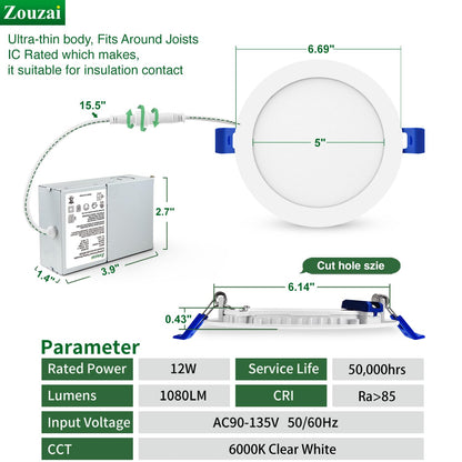 zouzai 12 Pack 6 Inch 6000K Ultra-Thin LED Recessed Light with Junction Box, 12W Dimmable,Ra>85 High Brightness - ETL and Energy Star Certified