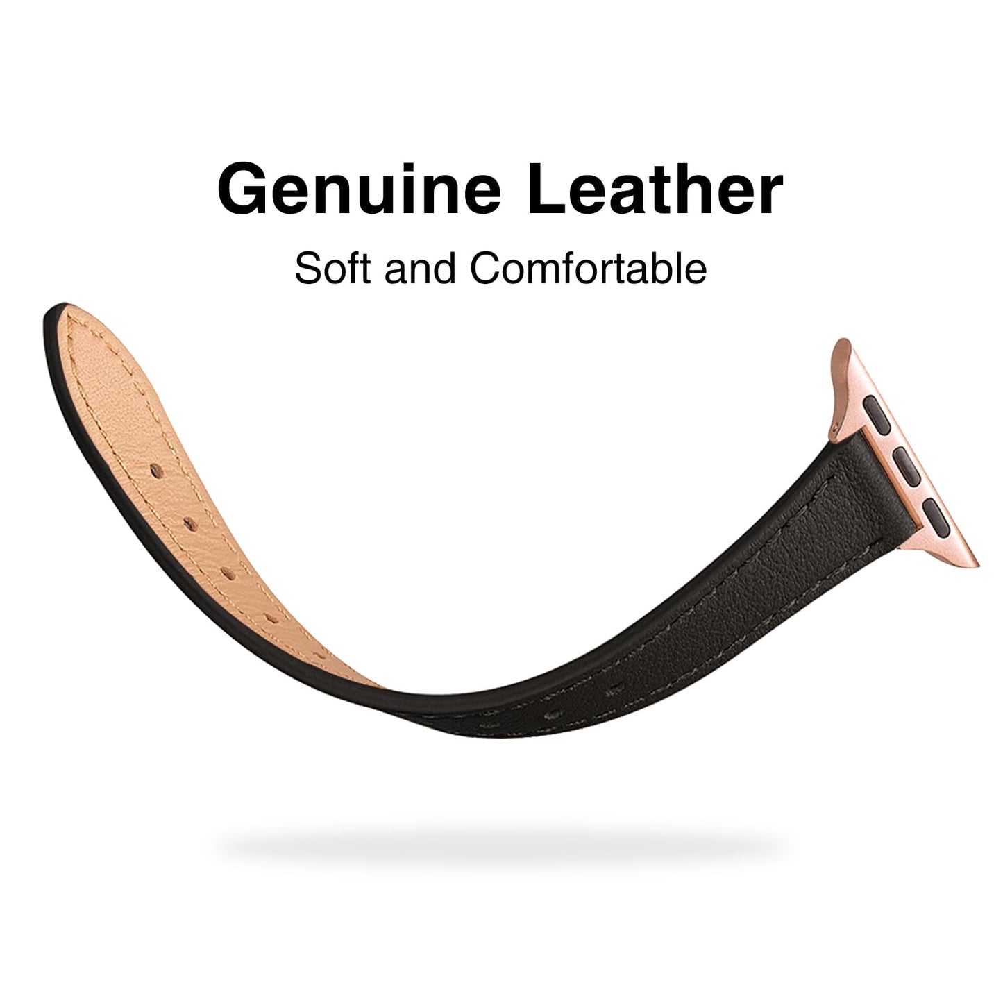 STIROLL Slim Leather Bands Compatible with Apple Watch Band 38mm 40mm 41mm 42mm(Series 11 10), Top Grain Leather Watch Thin Wristband for iWatch SE 9 8 7 6 5 4 3 2 1 (Black Rose Gold)