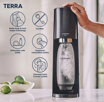 SodaStream Terra Sparkling Water Maker Bundle (Black), with CO2, DWS Bottles, and Bubly Drops Flavors
