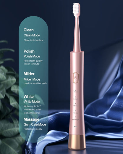 Sonic Electric Toothbrush for Adults, USB Rechargeable Sonic Toothbrush with 8 Brush Heads, Smart Timer, 5 Modes, 2-Hour Fast Charge Last 30 Days, Pink