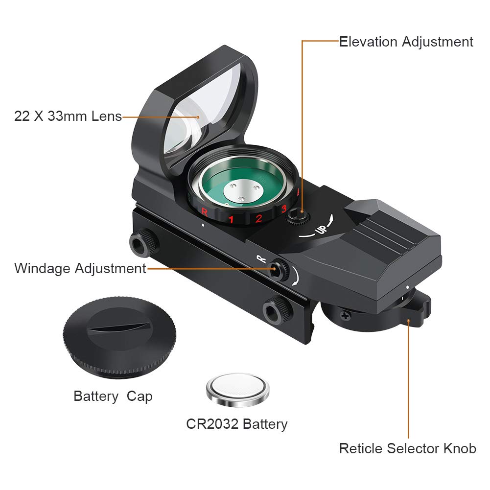 Feyachi Reflex Sight - Adjustable Reticle (4 Styles) Both Red and Green in One Red Dot Sight