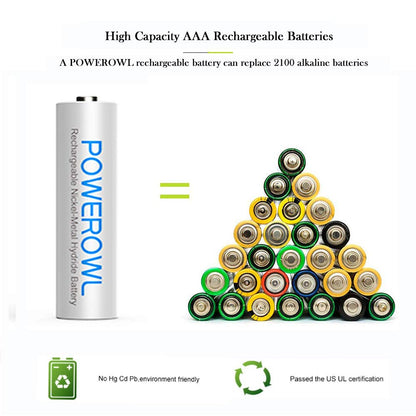 POWEROWL Rechargeable AAA Batteries with Charger, Advanced Individual Cell Battery Charger, High Capacity Low Self Discharge Ni-MH Triple A Batteries -Qty8