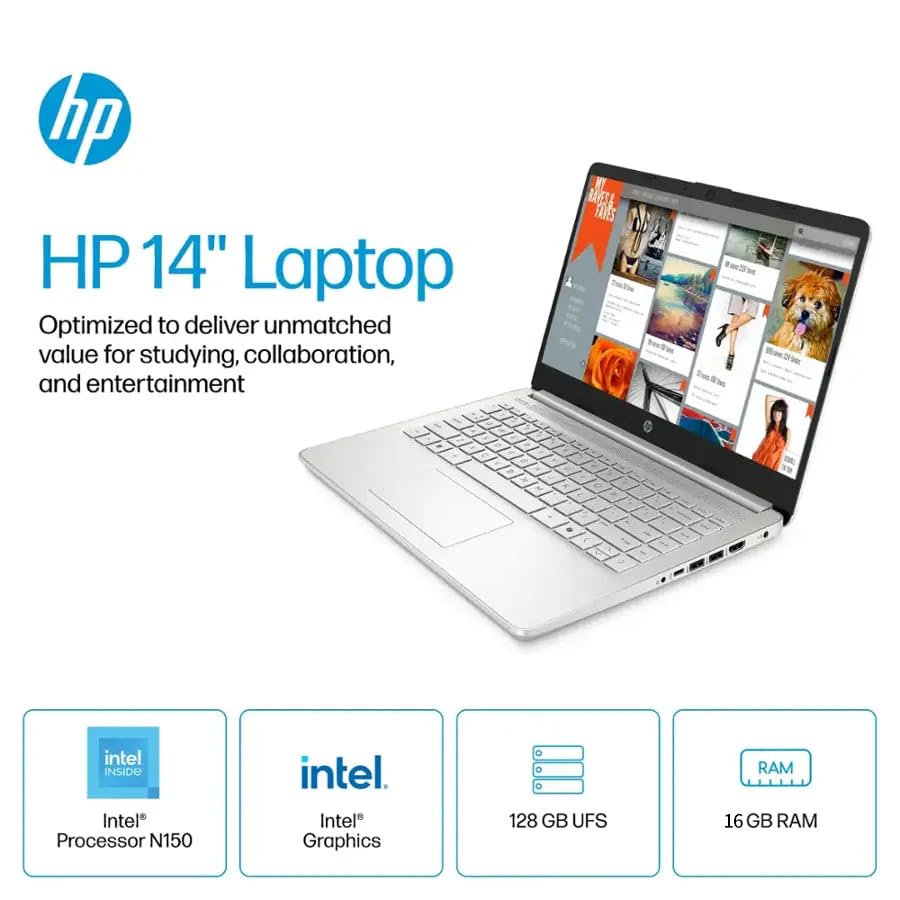 HP 2025 Latest 14" HD Laptop Computer, Intel Processor N150, 16 GB RAM, 384 GB Storage(128GB UFS+256GB MSD), with Office Lifetime License, Copilot AI, Wi-Fi 6, Webcam, Windows 11 Pro, w/Accessories