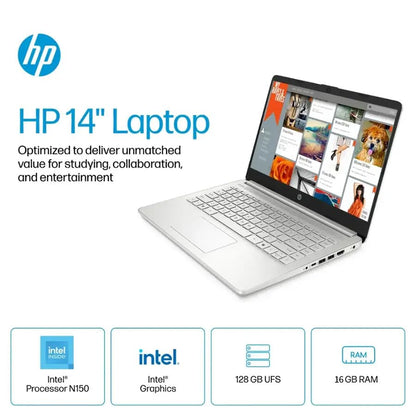 HP 2025 Latest 14" HD Laptop Computer, Intel Processor N150, 16 GB RAM, 384 GB Storage(128GB UFS+256GB MSD), with Office Lifetime License, Copilot AI, Wi-Fi 6, Webcam, Windows 11 Pro, w/Accessories