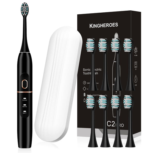 kingheroes Electric Toothbrush Set, Comes with 8 Brush Heads & Travel Case,4 Modes with 2 Minutes Built in Smart Timer, One Charge for 60 Days, 42000 VPM Motor (Black)