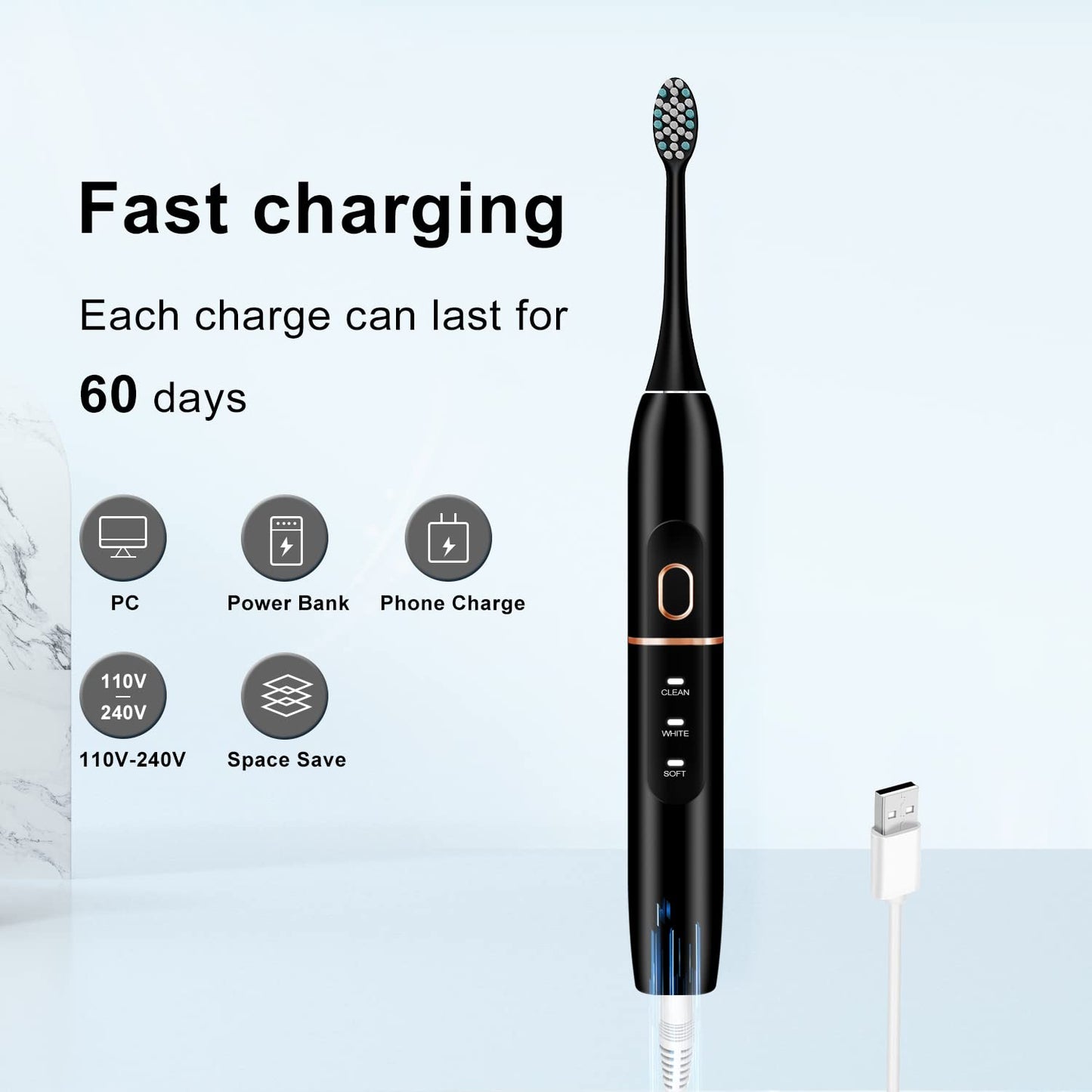 kingheroes Electric Toothbrush Set, Comes with 8 Brush Heads & Travel Case,4 Modes with 2 Minutes Built in Smart Timer, One Charge for 60 Days, 42000 VPM Motor (Black)