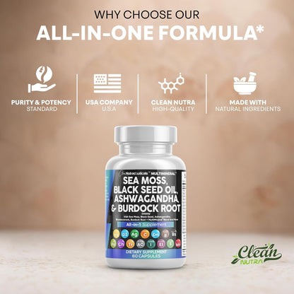 Clean Nutraceuticals Sea Moss Black Seed Oil Ashwagandha Turmeric Bladderwrack Burdock & Vitamin C Vitamin D3 with Elderberry Manuka Dandelion Yellow Dock Iodine Chlorophyll ACV