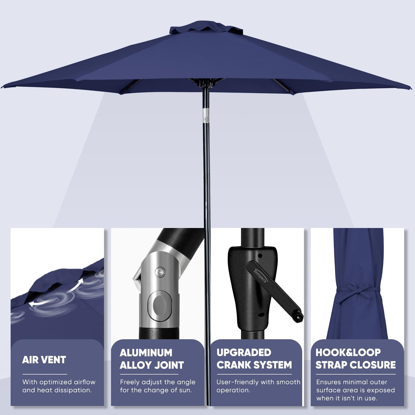 Tempera 9ft Patio Market Outdoor Table Umbrella with Push Button Tilt and Crank,Large Sun Umbrella with Sturdy Pole&Fade resistant canopy,Easy to set, Navy