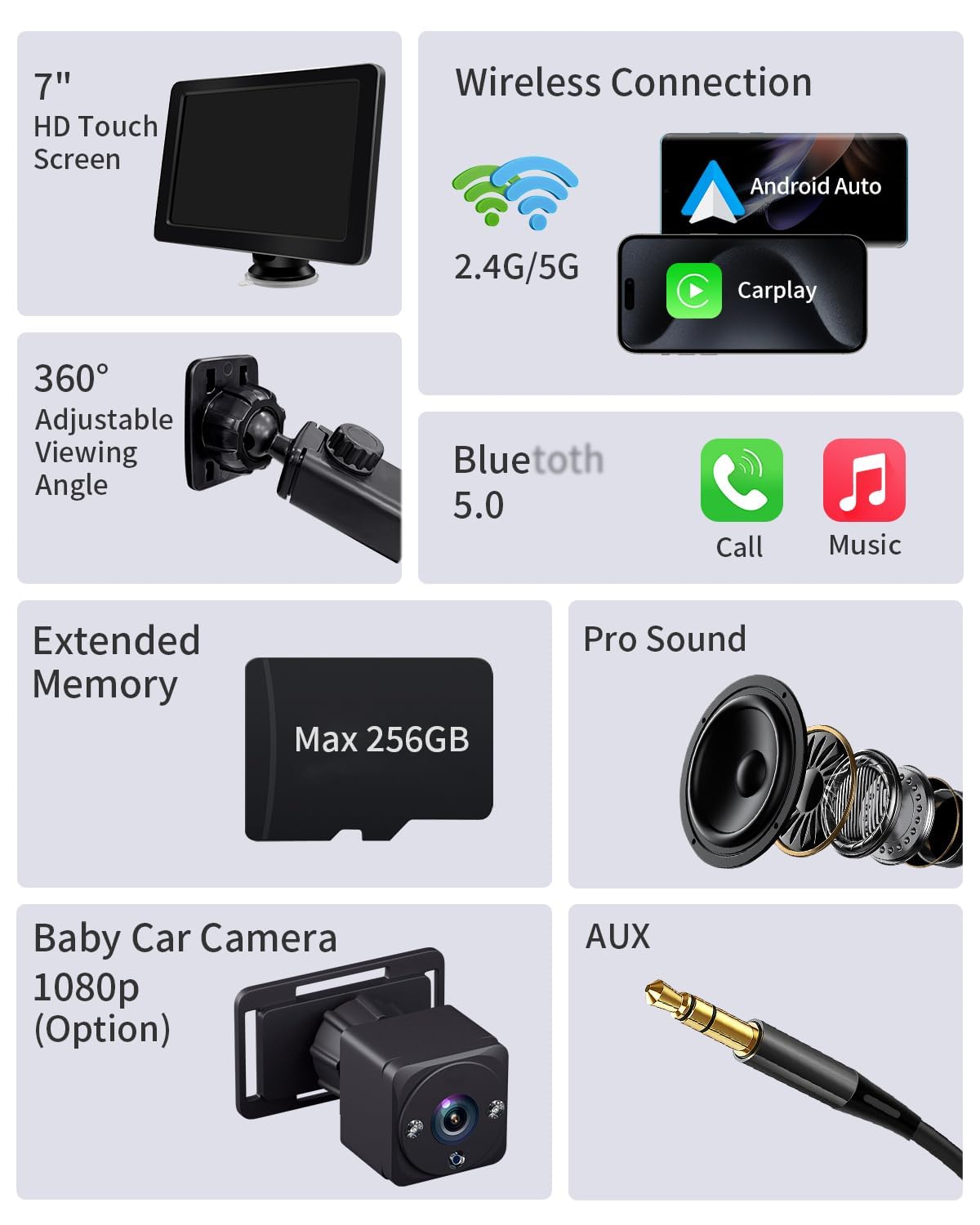 Portable Apple Carplay Screen for Car, 7" HD Car Stereo Touchscreen with Wireless CarPlay & Android Auto, Mirror Link, Bluetooth, Voice Control, Memory Card Playback, AUX - Fits All Vehicles