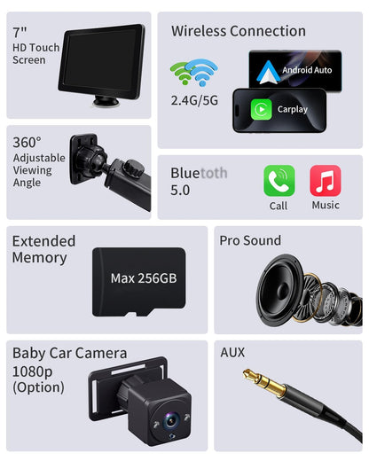 Portable Apple Carplay Screen for Car, 7" HD Car Stereo Touchscreen with Wireless CarPlay & Android Auto, Mirror Link, Bluetooth, Voice Control, Memory Card Playback, AUX - Fits All Vehicles