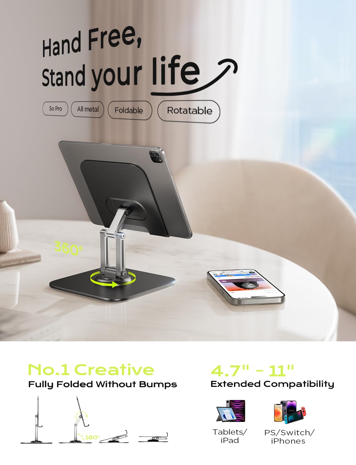 LISEN for iPad Stand Holder Adjustable Tablet Stand for Desk, 2026 for iPad Accessories Rotating Display Stand PC Office Accessories for Desk Women Gifts Kindle Table Mount/PS/Switch iPhone 12.9"-4.7"