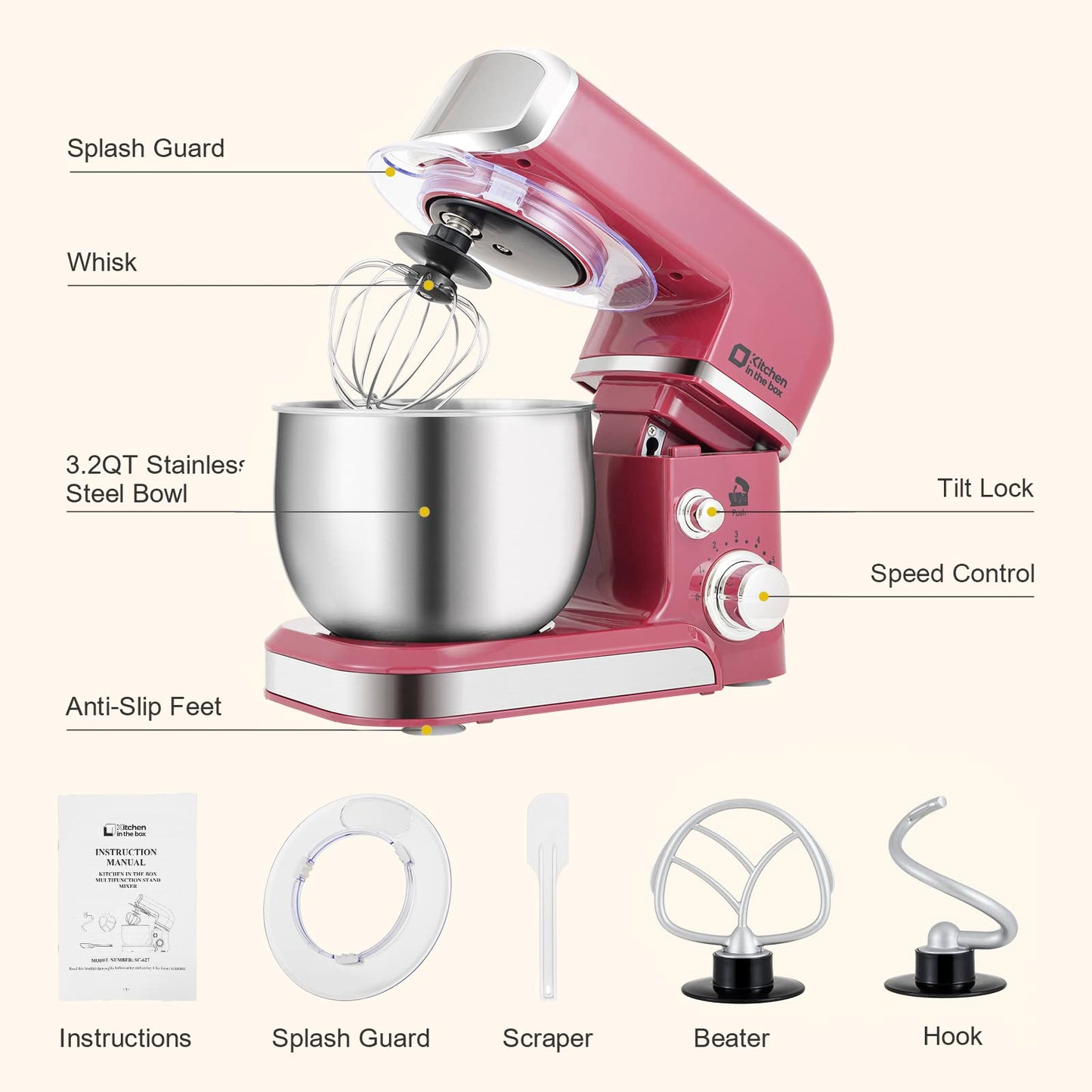 Kitchen in the box Stand Mixer,3.2Qt Small Electric Food Mixer,6 Speeds Portable Lightweight Kitchen Mixer for Daily Use with Egg Whisk,Dough Hook,Flat Beater (Purplish-red)