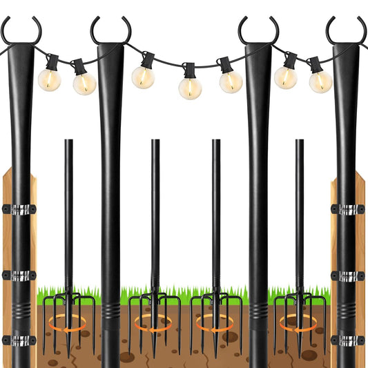 4 Pack String Light Poles for Outside, 10ft Heavy-Duty Metal Light Poles for Outdoor String Lights with Fork, Adjustable Lighting Stand for Patio Decor Backyard Pergola Garden Deck Porch Decorations