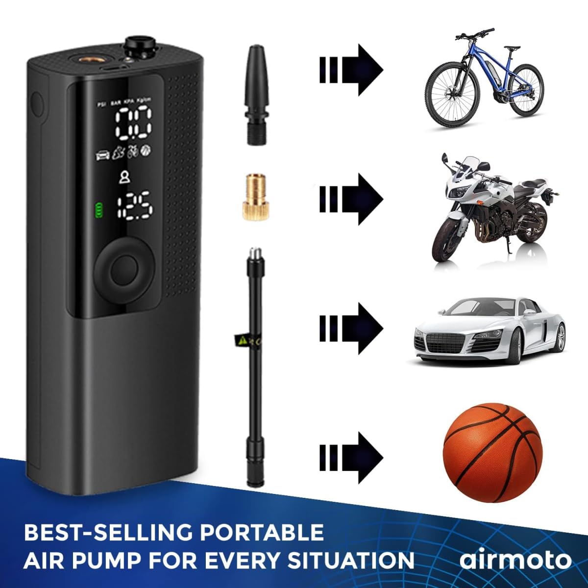 Airmoto Tire Inflator Portable Air Compressor - Air Pump for Car Tires with Tire Pressure Gauge - One Click Smart Pump Tire Inflator for Car, Motorcycle, Bicycle and More