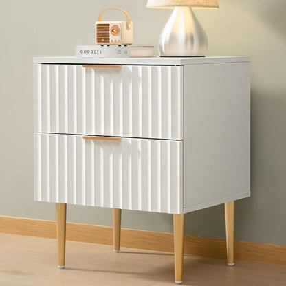 SICOTAS White Night Stand, Fluted Glossy Nightstand with 2 Drawers, Wide Modern Storage Bedside Table for Bedroom, End Side Table with Golden Metal Legs and Handles (White, 1 Piece)