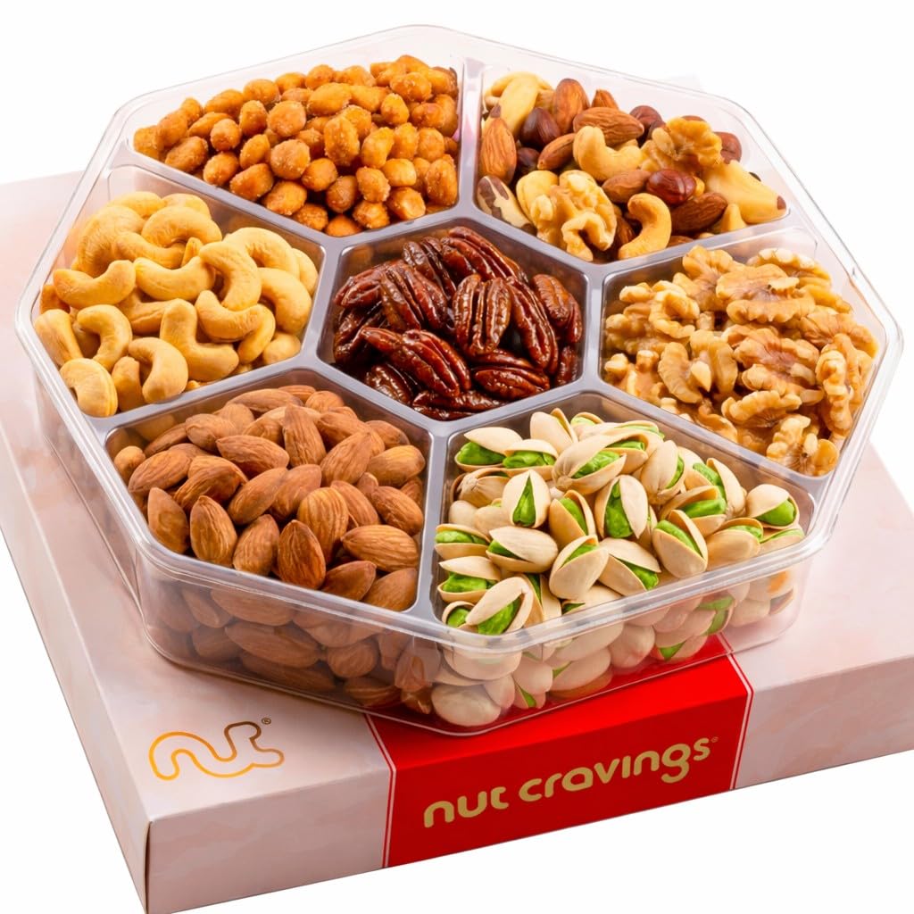 NUT CRAVINGS - Purim Mishloach Manot Mixed Nuts Gift Basket in Red Gold Box (7 Assortments, 1 LB) Ramadan Gifts Treats for Adults, Food Arrangement, Healthy Snack Care Package, Kosher