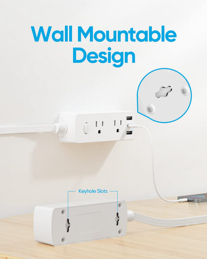 Olcorife Surge Protector Power Strip, Ultra Thin Flat Plug Extension Cord 6ft, 6 Outlets 3 USB Ports(1 USB C), 3 Sided Outlet Extender for Home Office Travel Dorm Room Essentials, White