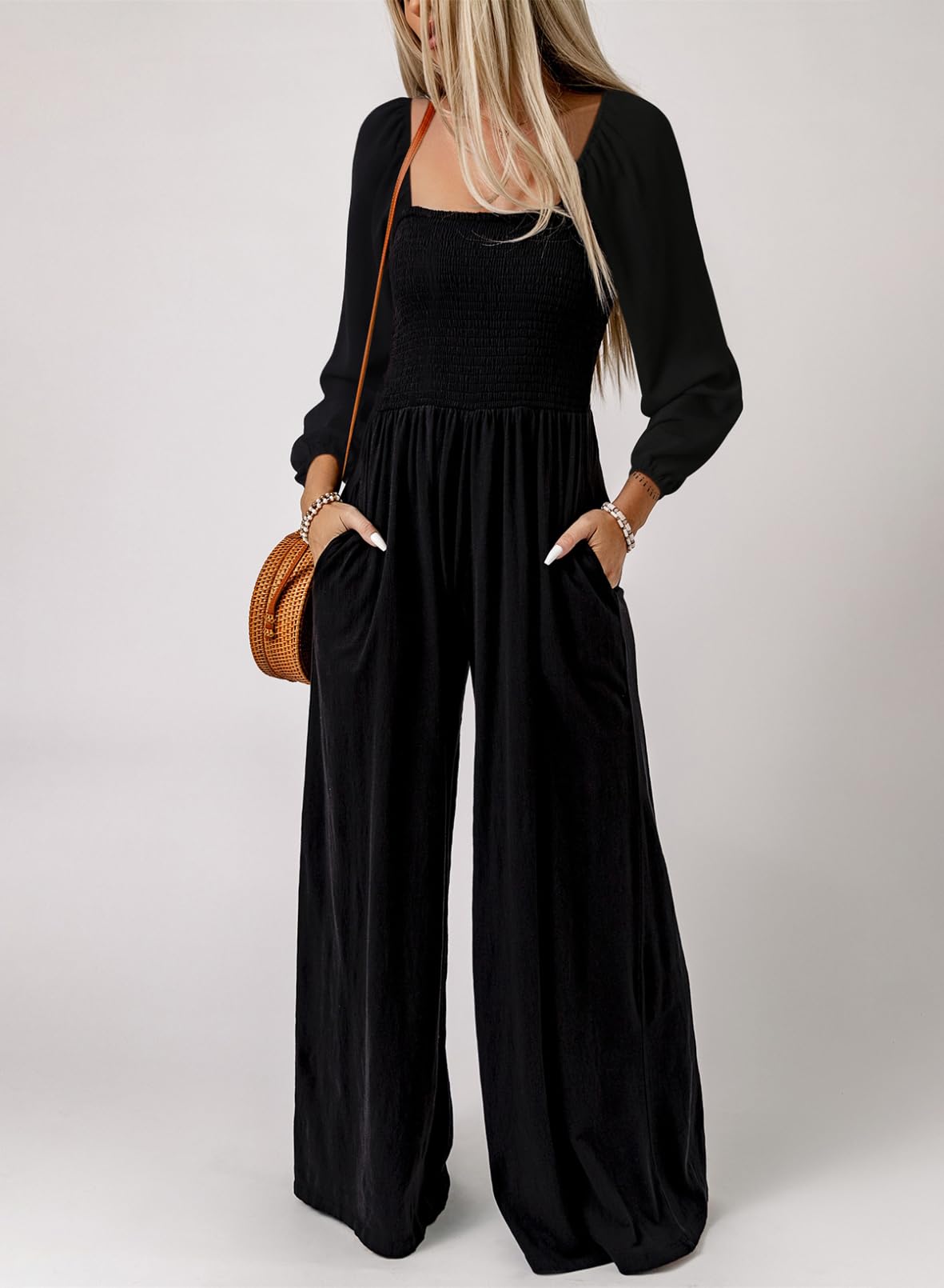 Dokotoo Loose Jumpsuits for Women Overalls Oversized Solid Color Wide Leg One Piece Long Sleeve jumpsuit Long Pant Romper with Pockets 2025 Fashion Black Large