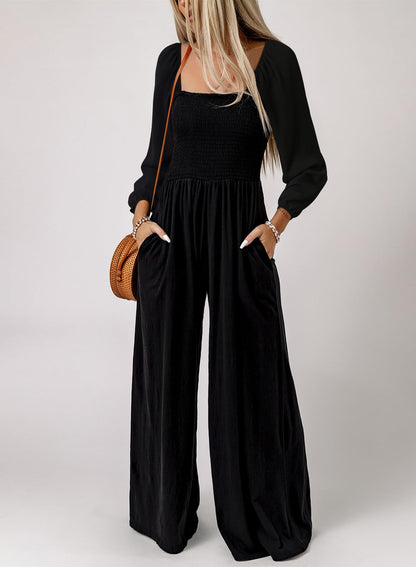 Dokotoo Loose Jumpsuits for Women Overalls Oversized Solid Color Wide Leg One Piece Long Sleeve jumpsuit Long Pant Romper with Pockets 2025 Fashion Black Large