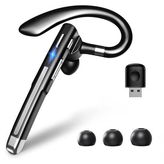 Bluetooth Headset V6.1,Single-Ear Wireless Headset with USB Dongle, 10H Talk Time and 4H Playtime via USB, Dual-Mic Noise Canceling Earpiece for Computer/Cell Phones, Driving Headset for Trucker Work