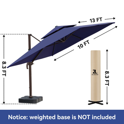 ZLACUIU 10x13FT Cantilever Outdoor Patio Umbrellas, Double Top Large Rectangle Umbrella, Heavy Duty 360° Rotation Offset Outdoor Sun Shade Umbrella for Garden Deck Pool Backyard, Navy Blue