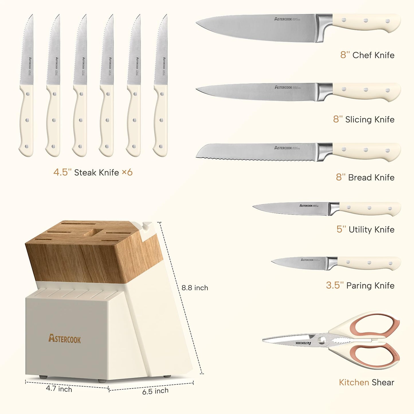 Knife Set,Astercook Kitchen Knife Set with Block 14-Piece Full Tang Stainless Steel Knives with Sharpener Dishwasher Safe and Anti-Slip Ergonomic Handle Elegant Cream White Utensils Set