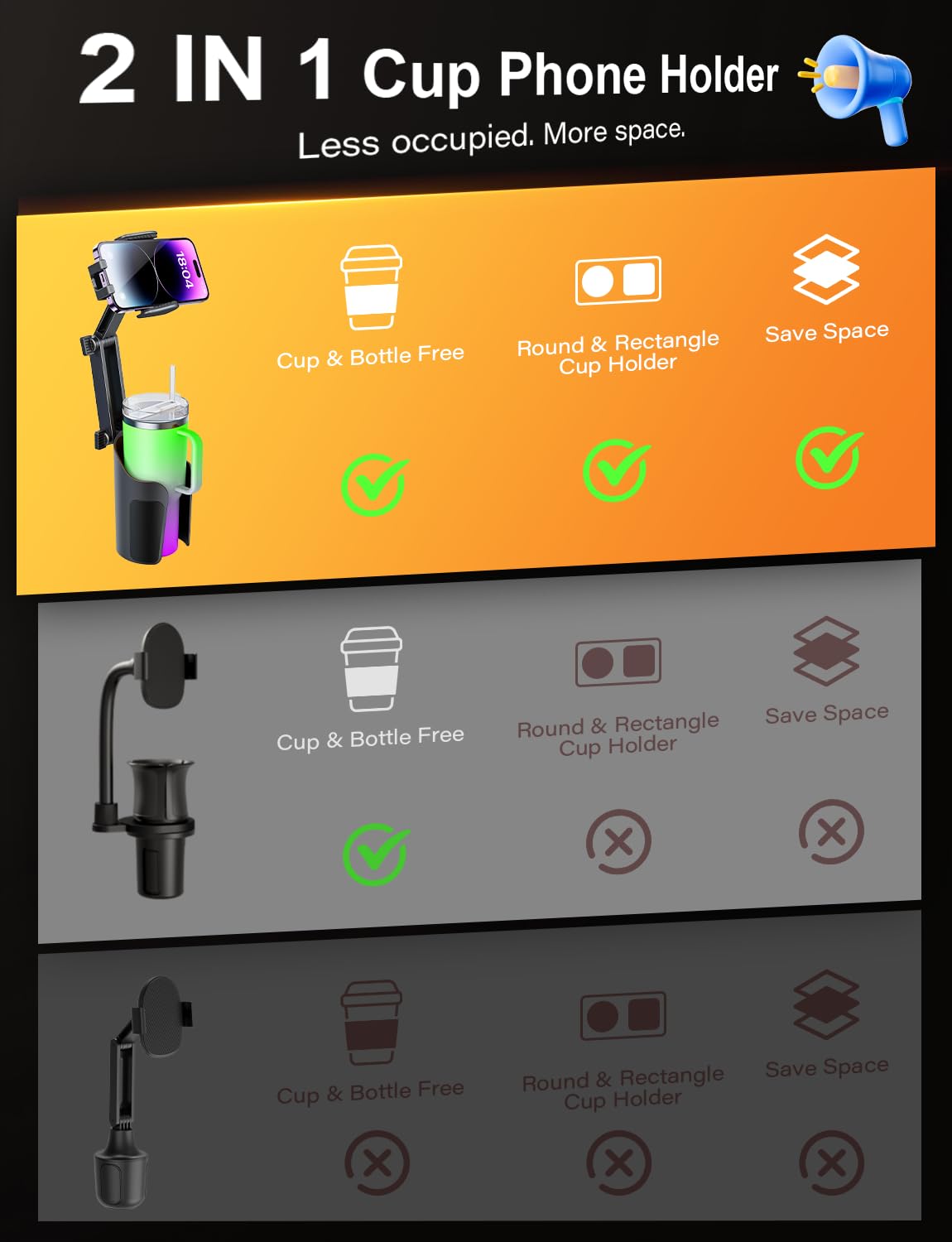 TAZENI 2-in-1 Cup Holder Cell Phone Holder for Your Car Bottle Friendly Cup Cell Phone Holder Mount for Car Height Adjustable Sturdy Fit 4-7 inches Phones