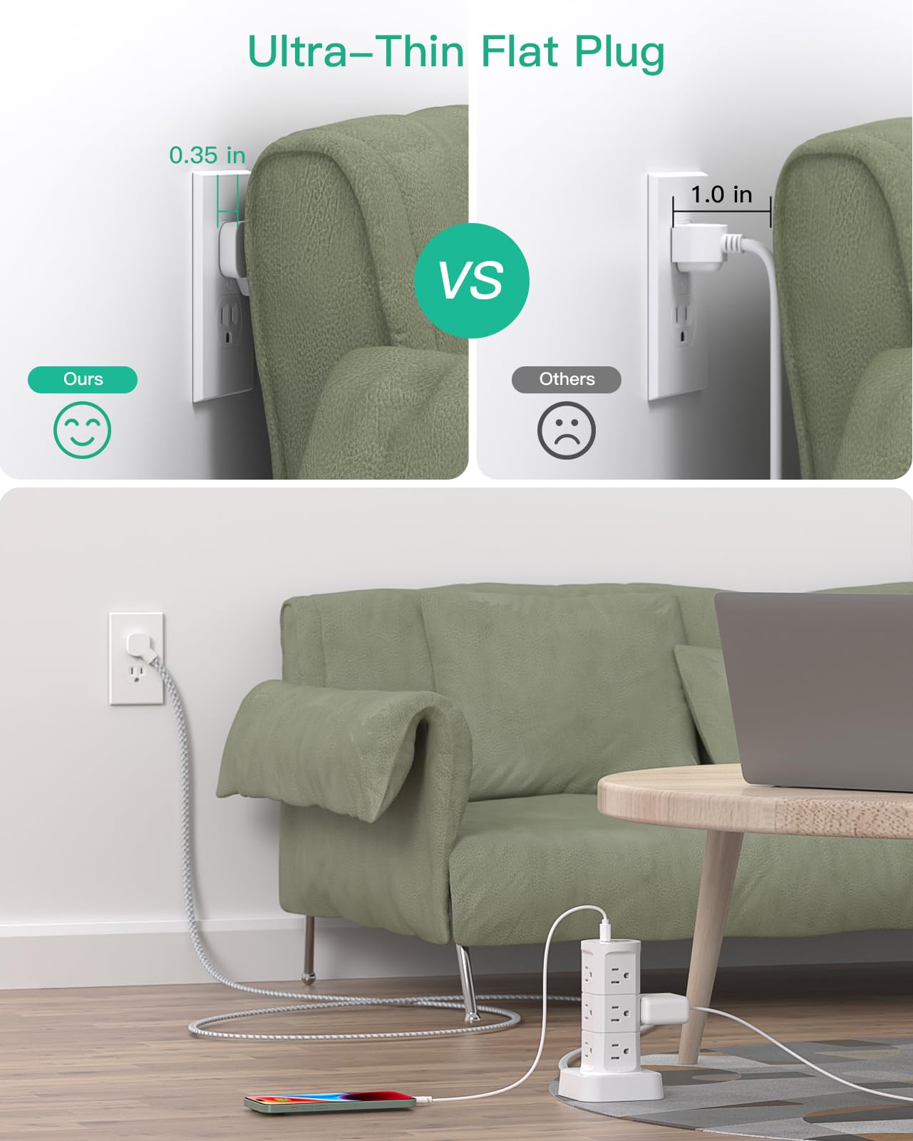 Power Strips with Surge Protection, Flat Plug Power Strip with 12 Outlets 4 USB Ports, Charging Station Tower 1875W/15A 1080J 6Ft Extension Cord with Multiple Outlets, Office Supplies, Dorm Essentials