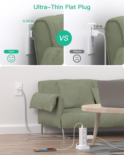 Power Strips with Surge Protection, Flat Plug Power Strip with 12 Outlets 4 USB Ports, Charging Station Tower 1875W/15A 1080J 6Ft Extension Cord with Multiple Outlets, Office Supplies, Dorm Essentials