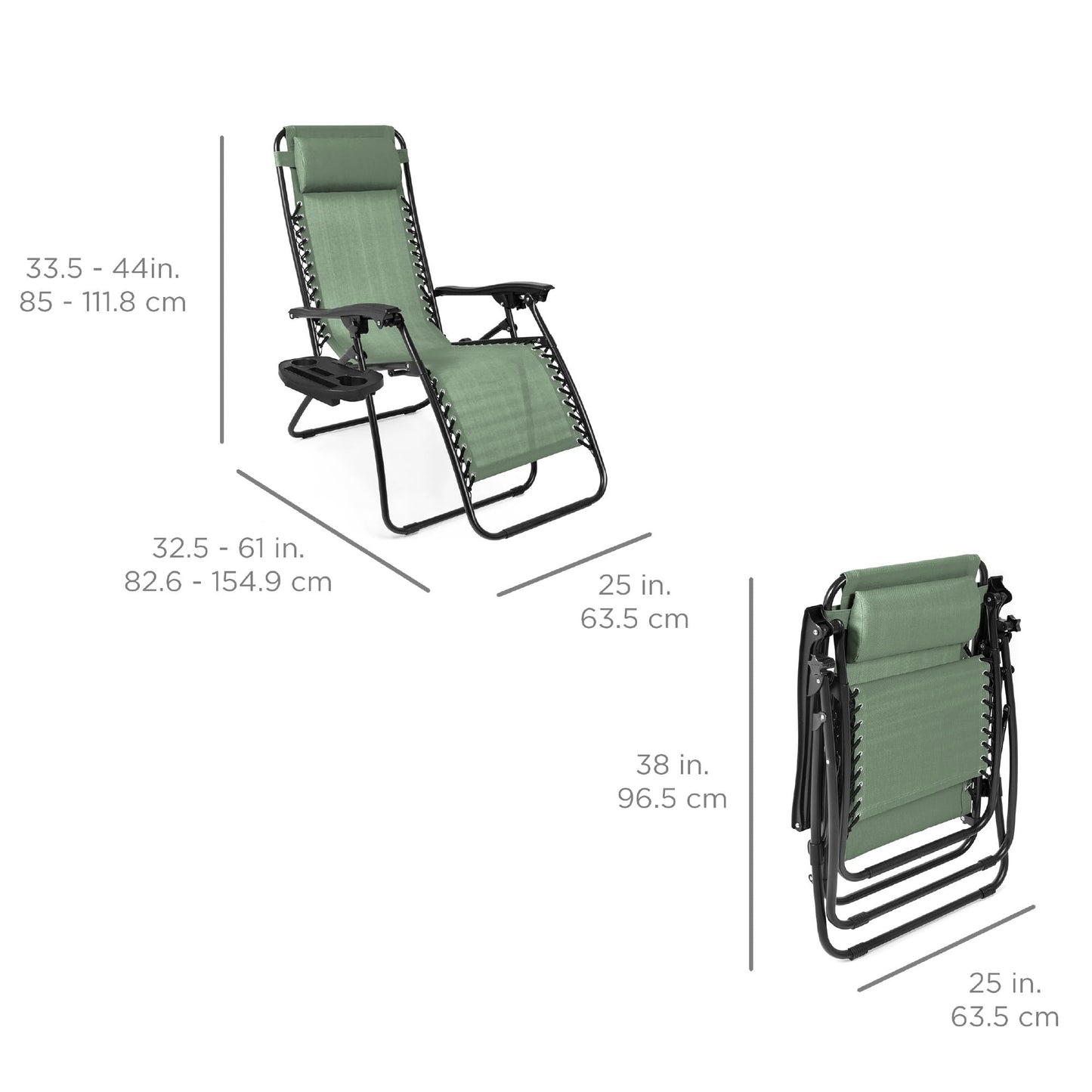 Best Choice Products Set of 2 Adjustable Steel Mesh Zero Gravity Lounge Chair Recliners w/Pillows and Cup Holder Trays - Sage Green