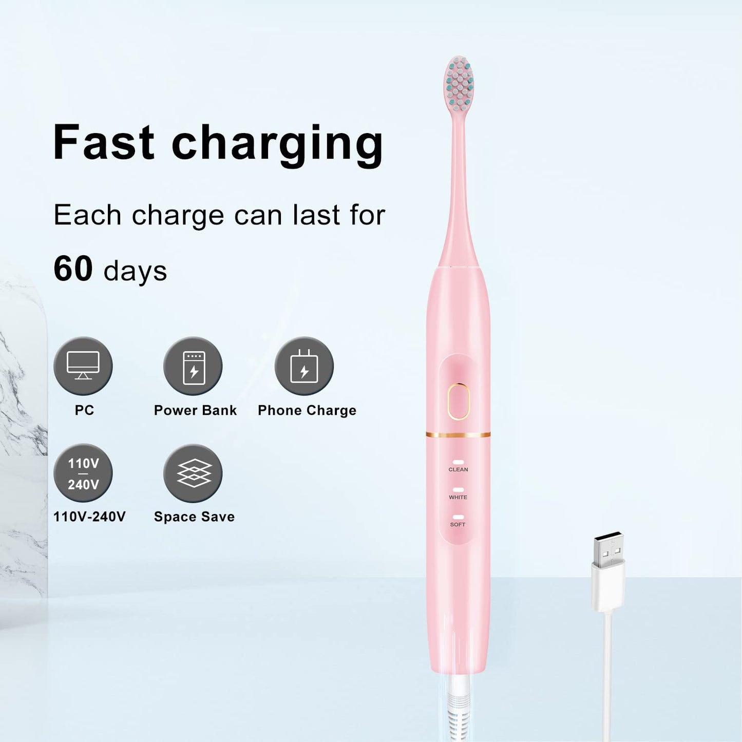 kingheroes Electric Toothbrush Set, Comes with 8 Brush Heads & Travel Case,4 Modes with 2 Minutes Built in Smart Timer, One Charge for 60 Days, 42000 VPM Motor (Pink)