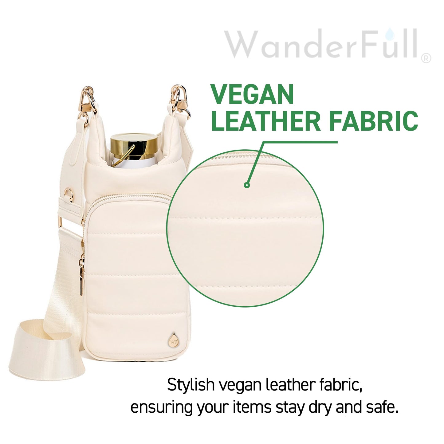 WanderFull Original HydroBag | Oprah’s Favorite Things 2024 | Vegan Leather Water Bottle Holder w/Strap Bundle | Bottle Carrier Crossbody Bag | Carry 32 oz Water Bottle, Tumbler, Phone, Purse | Ivory