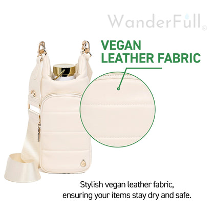 WanderFull Original HydroBag | Oprah’s Favorite Things 2024 | Vegan Leather Water Bottle Holder w/Strap Bundle | Bottle Carrier Crossbody Bag | Carry 32 oz Water Bottle, Tumbler, Phone, Purse | Ivory