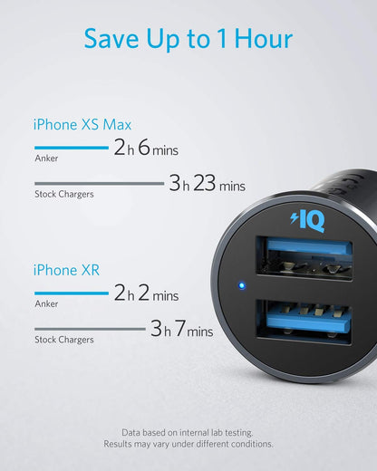 Anker 320 Car Charger (24W II), Mini Aluminum Alloy Dual USB with Blue LED for iPhone16 15 14 13 12 Series, iPad Pro/Air 2/Mini, Galaxy and More - Not Compatible with Quick Charge (Black)