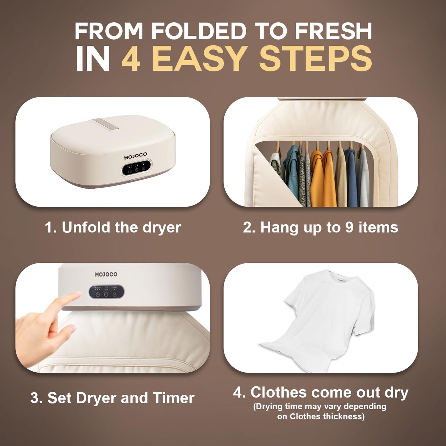 MOJOCO Portable Clothes Dryer - Mini/Compact Dryer for Apartment, RV, Travel - Small Quiet Fast-Drying Machine with Adjustable Timer & Wrinkle-Reducing Heat