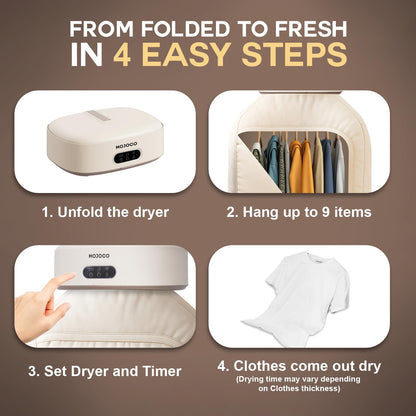 MOJOCO Portable Clothes Dryer - Mini/Compact Dryer for Apartment, RV, Travel - Small Quiet Fast-Drying Machine with Adjustable Timer & Wrinkle-Reducing Heat
