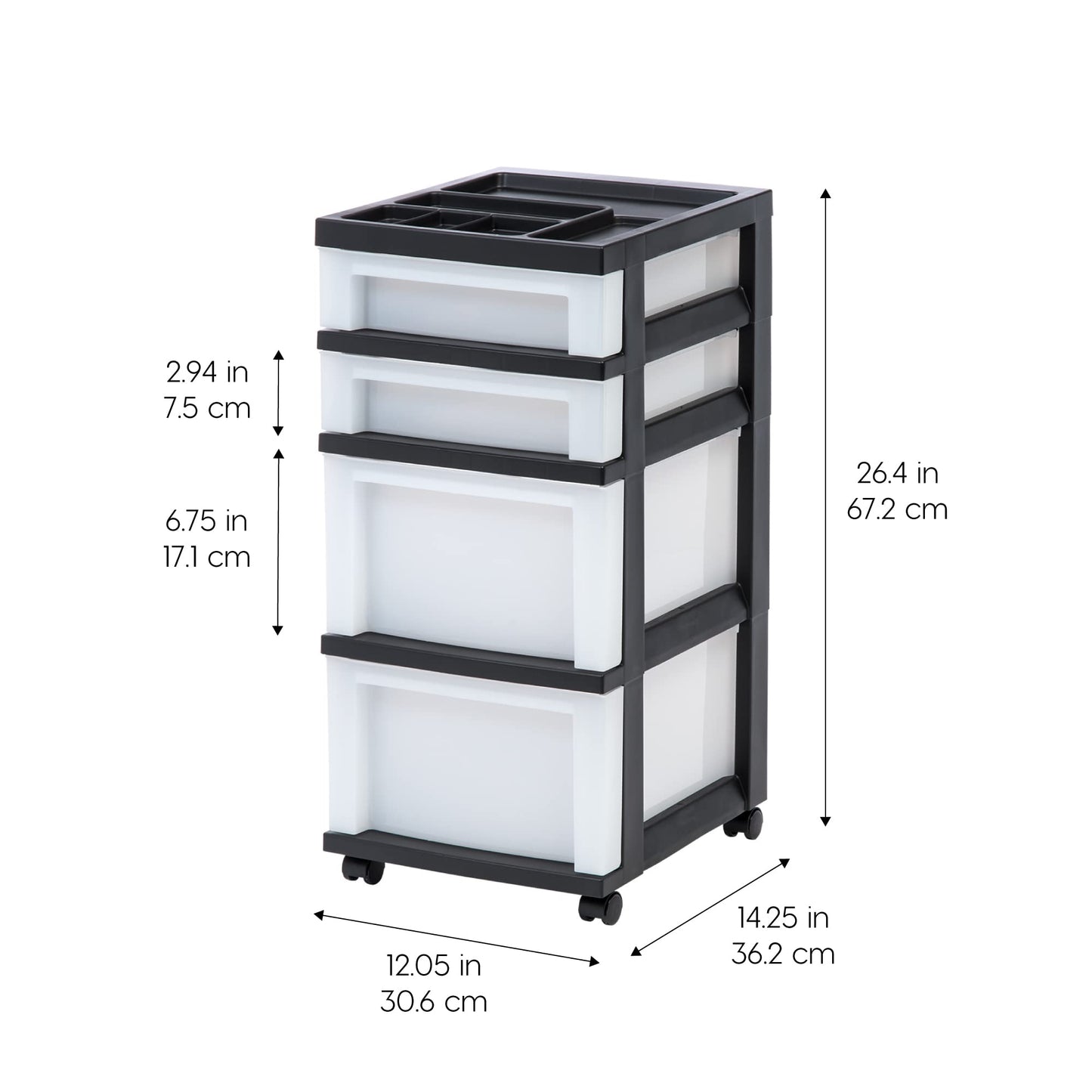 IRIS USA Plastic Drawer Storage Organizer Rolling Cart, with Wheels Casters, 4-Drawers, for Classroom Art Craft Supplies Dresser Closet Bathroom Laundry Room, Black/Pearl