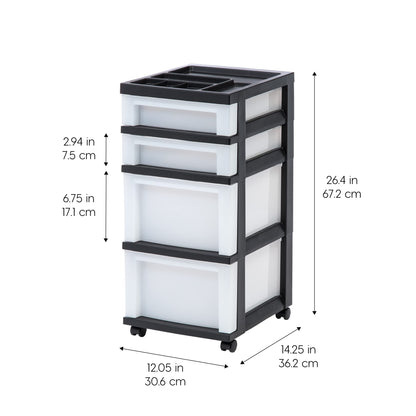 IRIS USA Plastic Drawer Storage Organizer Rolling Cart, with Wheels Casters, 4-Drawers, for Classroom Art Craft Supplies Dresser Closet Bathroom Laundry Room, Black/Pearl