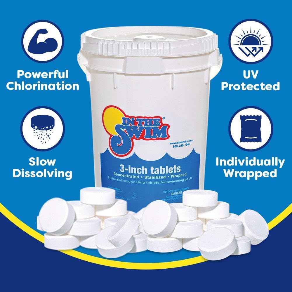 In The Swim 3 Inch Stabilized Chlorine Tablets for Sanitizing Swimming Pools - Individually Wrapped, Slow Dissolving - 90% Available Chlorine - Tri-Chlor - 10 Pounds