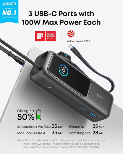 Anker Laptop Power Bank, 25,000mAh Portable Charger with Triple 100W USB-C Ports, Built-in and Retractable Cables, for iPhone 16/15 Series, MacBook, Samsung, and More (Flight-Approved)
